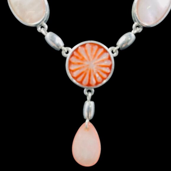 Monet Vintage Necklace Pink Orange Carved Glass Teardrop Pendant Statement - Picture 3 of 7